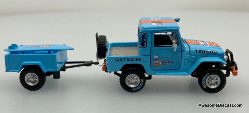 Toyota Land Cruiser FJ40 Pick-Up w/Trailer Gulf Livery 1:64 Diecast Model Car by Rhino Model
