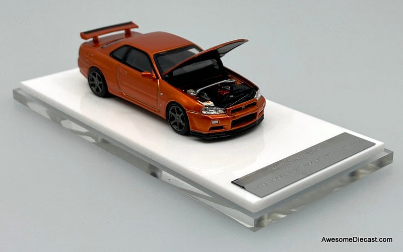 Nissan Skyline GT-R R34 V-Spec II Customized, Metallic Orange 1:64 Diecast Model Car by MotorHelix