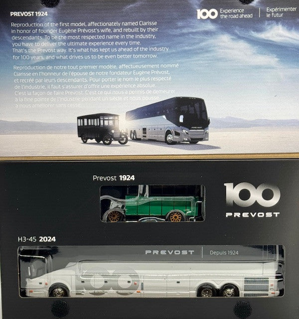Prevost 100th Anniversary Bus Set 2024 H3-45 Coach and 1924 "Clarisse" Bus Models in 1:64 Scale By Iconic Replicas