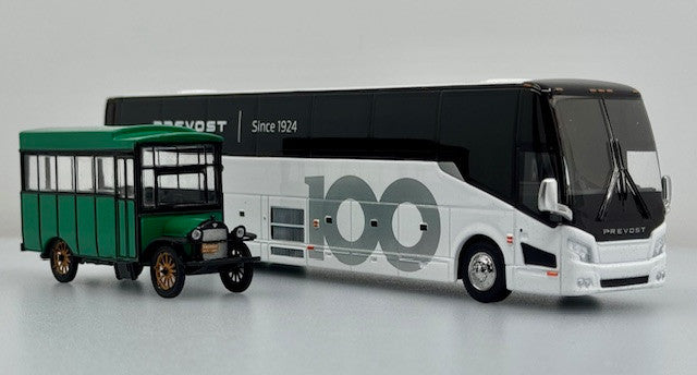 Prevost 100th Anniversary Bus Set 2024 H3-45 Coach and 1924 "Clarisse" Bus Models in 1:64 Scale By Iconic Replicas