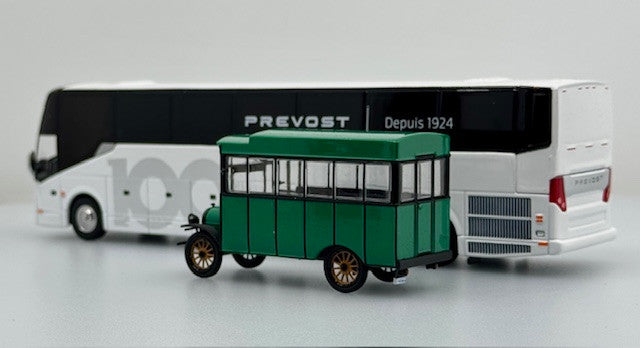Prevost 100th Anniversary Bus Set 2024 H3-45 Coach and 1924 "Clarisse" Bus Models in 1:64 Scale By Iconic Replicas