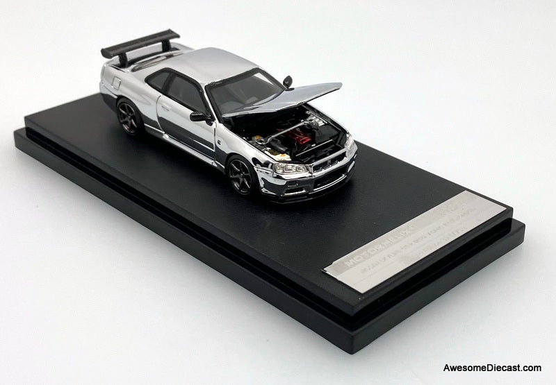Nissan Skyline GT-R R34 V-Spec II, Chrome Silver 1:64 Diecast Model Car by MotorHelix