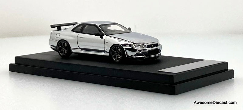 Nissan Skyline GT-R R34 V-Spec II, Chrome Silver 1:64 Diecast Model Car by MotorHelix