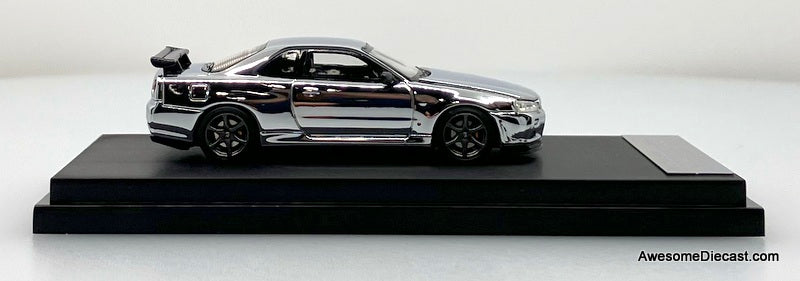 Nissan Skyline GT-R R34 V-Spec II, Chrome Silver 1:64 Diecast Model Car by MotorHelix