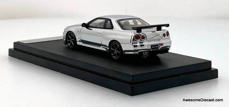 Nissan Skyline GT-R R34 V-Spec II, Chrome Silver 1:64 Diecast Model Car by MotorHelix
