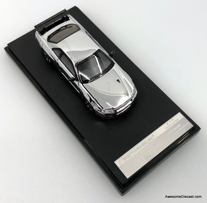 Nissan Skyline GT-R R34 V-Spec II, Chrome Silver 1:64 Diecast Model Car by MotorHelix
