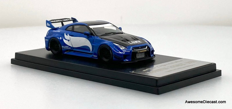 Nissan GT-R R35 Liberty Walk, Blue/White Flash w/Figure 1:64 Diecast Model Car by My Model Collect
