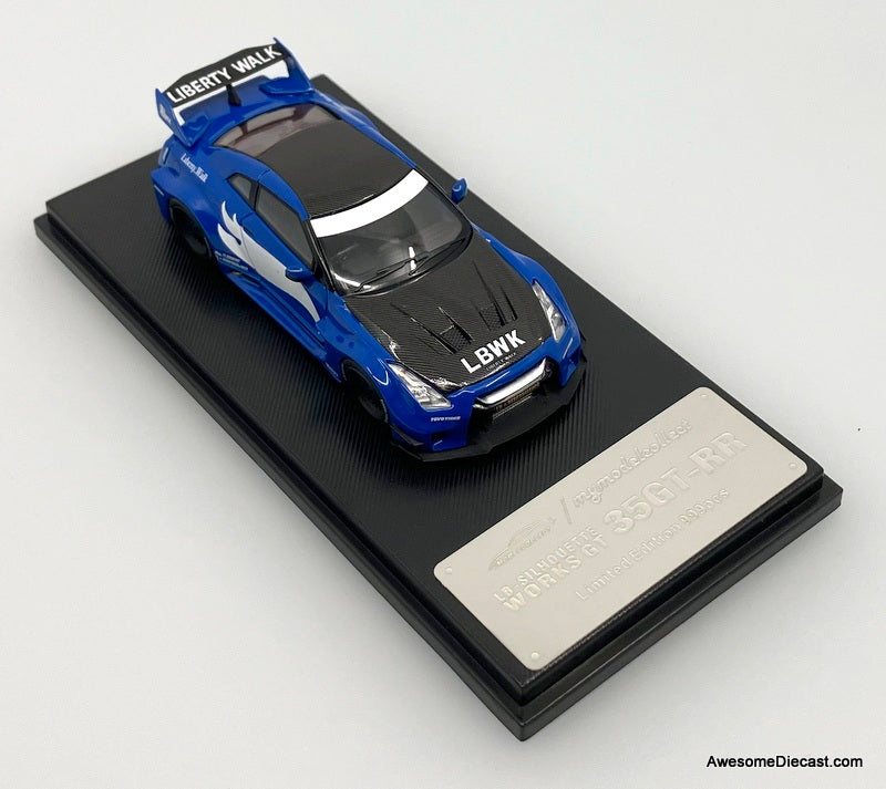 Nissan GT-R R35 Liberty Walk, Blue/White Flash w/Figure 1:64 Diecast Model Car by My Model Collect