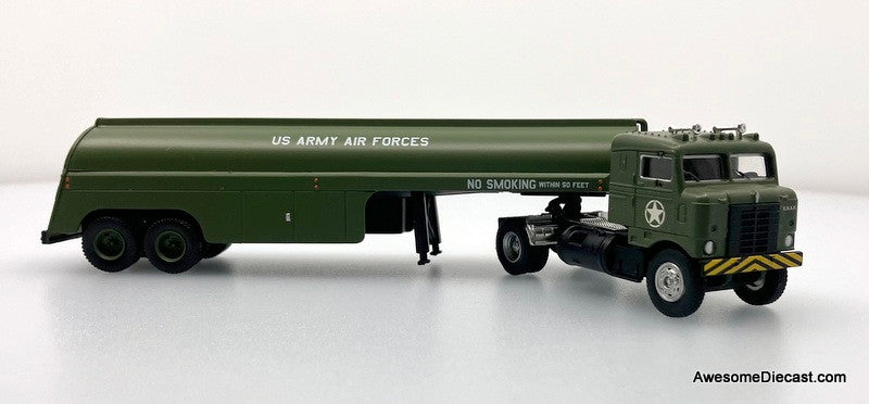 Kenworth Bull Nose Tractor w/Fuel Tanker Trailer, Green: US Army Air Forces 1:87 ABS Plastic Model Truck by Brekina