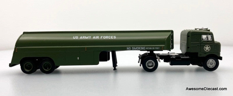 Kenworth Bull Nose Tractor w/Fuel Tanker Trailer, Green: US Army Air Forces 1:87 ABS Plastic Model Truck by Brekina