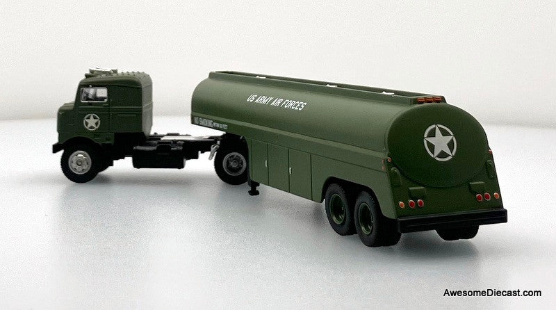 Kenworth Bull Nose Tractor w/Fuel Tanker Trailer, Green: US Army Air Forces 1:87 ABS Plastic Model Truck by Brekina