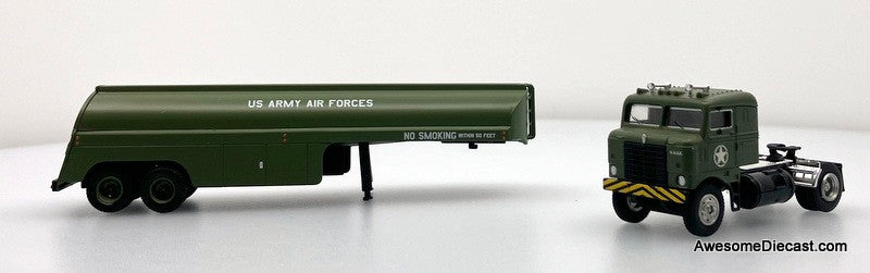 Kenworth Bull Nose Tractor w/Fuel Tanker Trailer, Green: US Army Air Forces 1:87 ABS Plastic Model Truck by Brekina