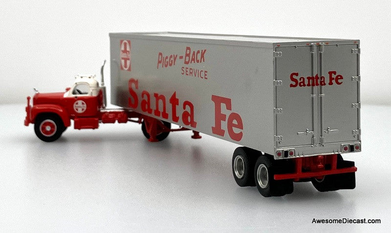 Mack B61 Day Cab w/Dry Goods Trailer: Santa Fe Railroad 1:87 ABS Plastic Truck by Brekina