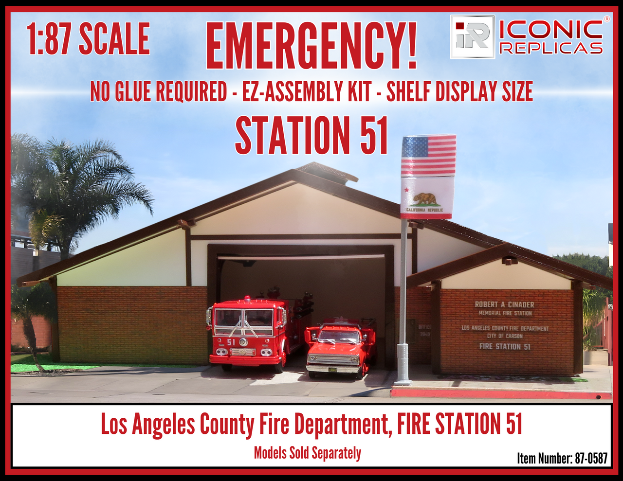 EMERGENCY Fire Station 51 - LACoFD (Los Angeles County Fire Department) Shelf Size EZ-Assembly Kit 1:87 Diorama by Iconic Replicas