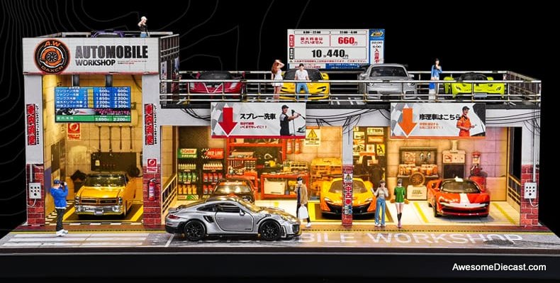 Automobile Double Layer Parking Workshop w/Lighting 1:64 Diorama by Shou Cang